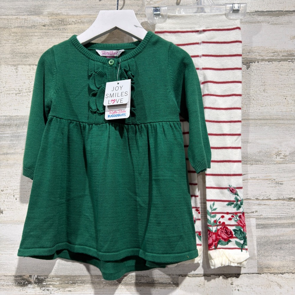 Ruffle Butts Cardigan Tights Set Girls 12-18M Green Floral Holiday NWT